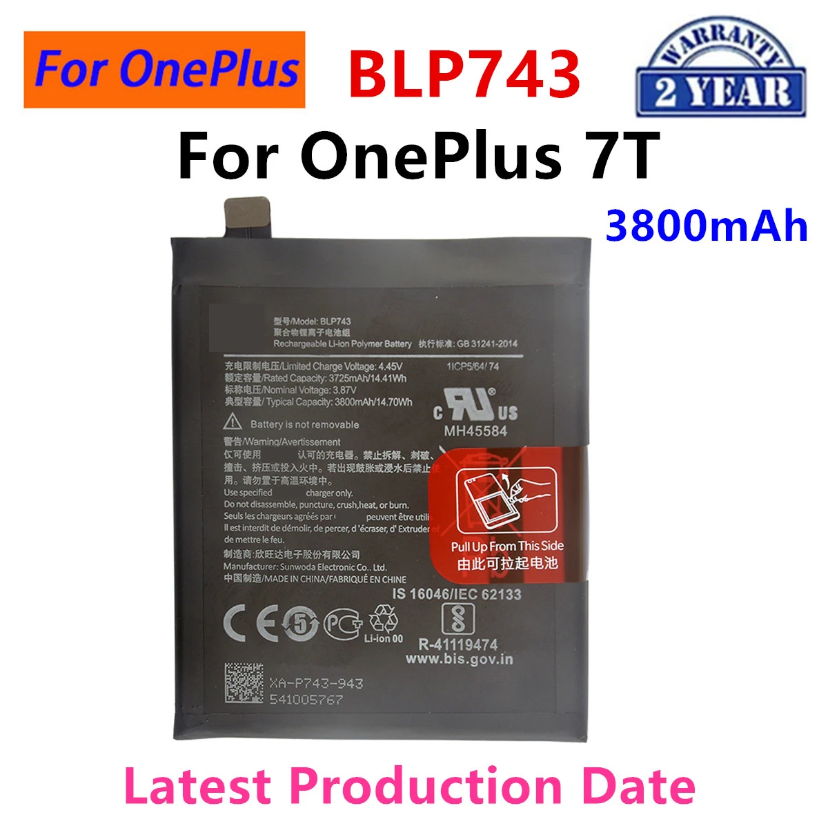 

100% Orginal BLP743 3800mAh Replacement Battery For OnePlus 7T One Plus 7T Genuine Latest Production Phone Batteries