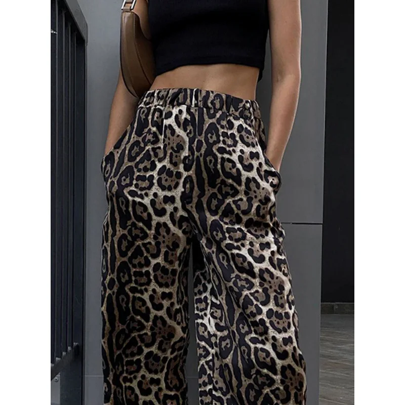 Summer New Fashion Leopard Print Women High Waisted Wide Leg Pants Loose Floor Length Casual Capris