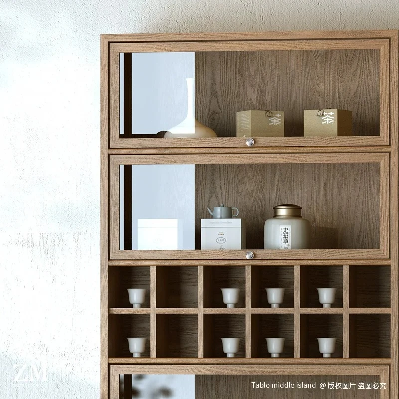Glass display cabinets, utensils, tea shops, cafes, cups, plates, display cabinets, merchandise placed against the wall