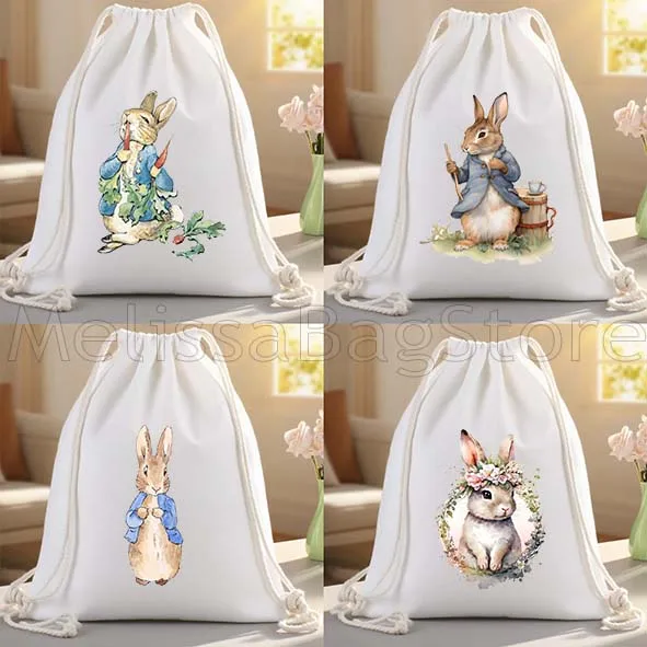 Cute Cartoon Peter Rabbit Gifts Canvas Drawstring Bags Soccer Backpack Gym Sackpack String Bag for Exercising Hiking Yoga Sports