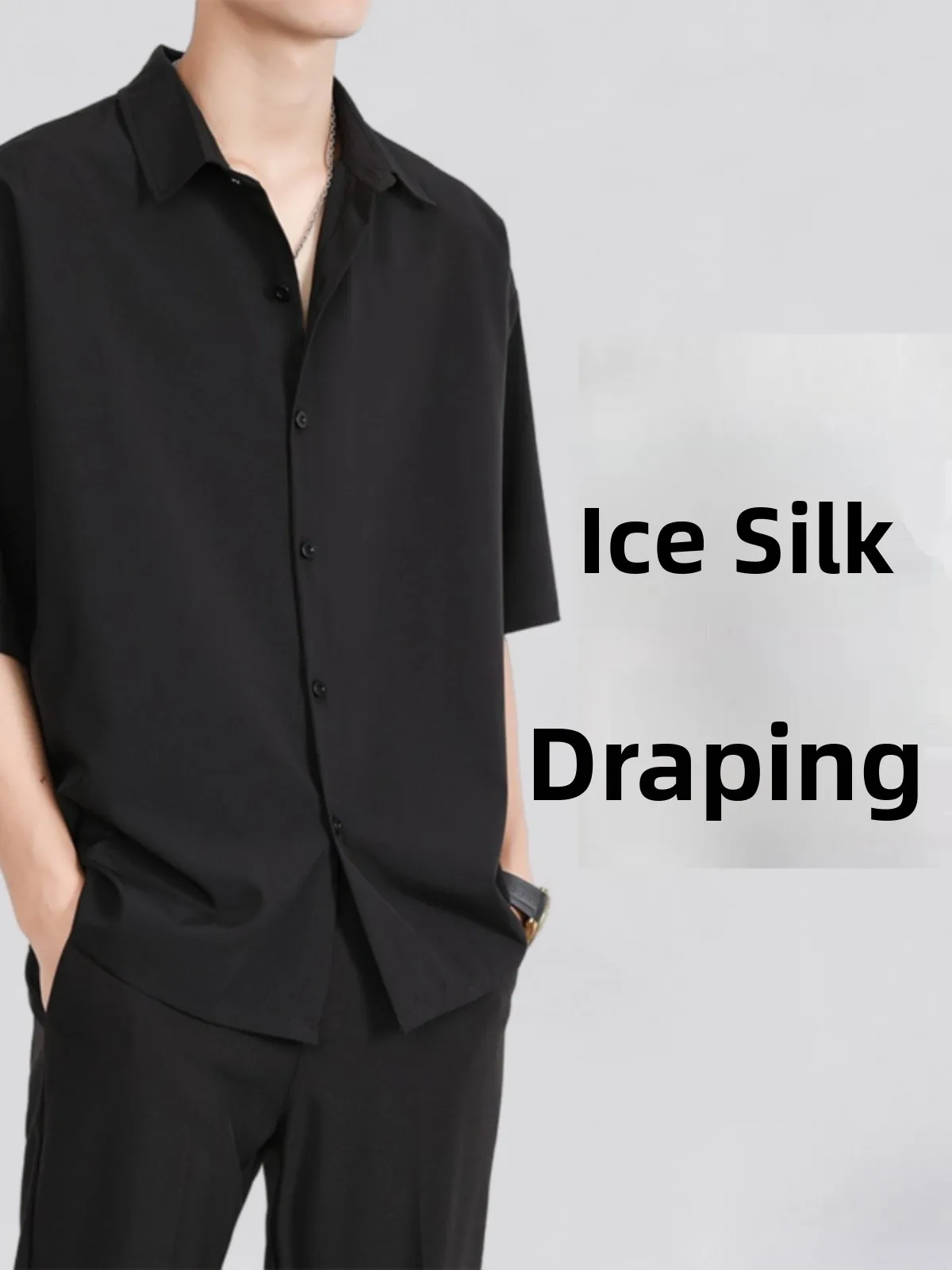 Ice Silk Men's Short Sleeve Shirt Casual Summer Trend Brand Loose Fit Youthful Black Casual Outerwear Four Or Five Sleeve Design