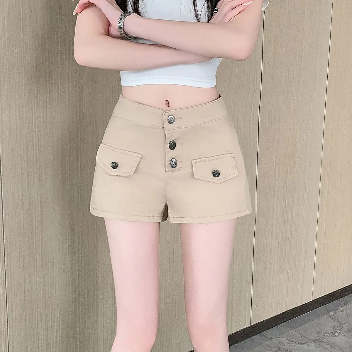 

Женские джинсовые шорты цвета хаки с высокой талией, прямые, А-силуэт, летние, повседневные, с множеством карманов, в американском стиле, с эффектом расклешения, модные