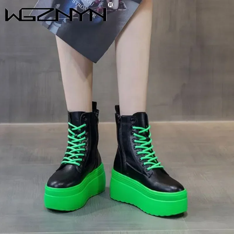 2025, echtes Leder, Stiefeletten, grüne Plateau-Sneaker für Damen, dicker Boden, lässige Damen-Schnürstiefel, klobige Schuhe