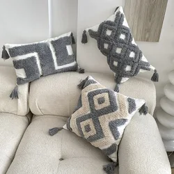 Grey Geometric Tufted Cushion Cover Cotton Canvas Tufted Pillowcase Four Corner Tassel Sofa Pillow Cover for Living Room