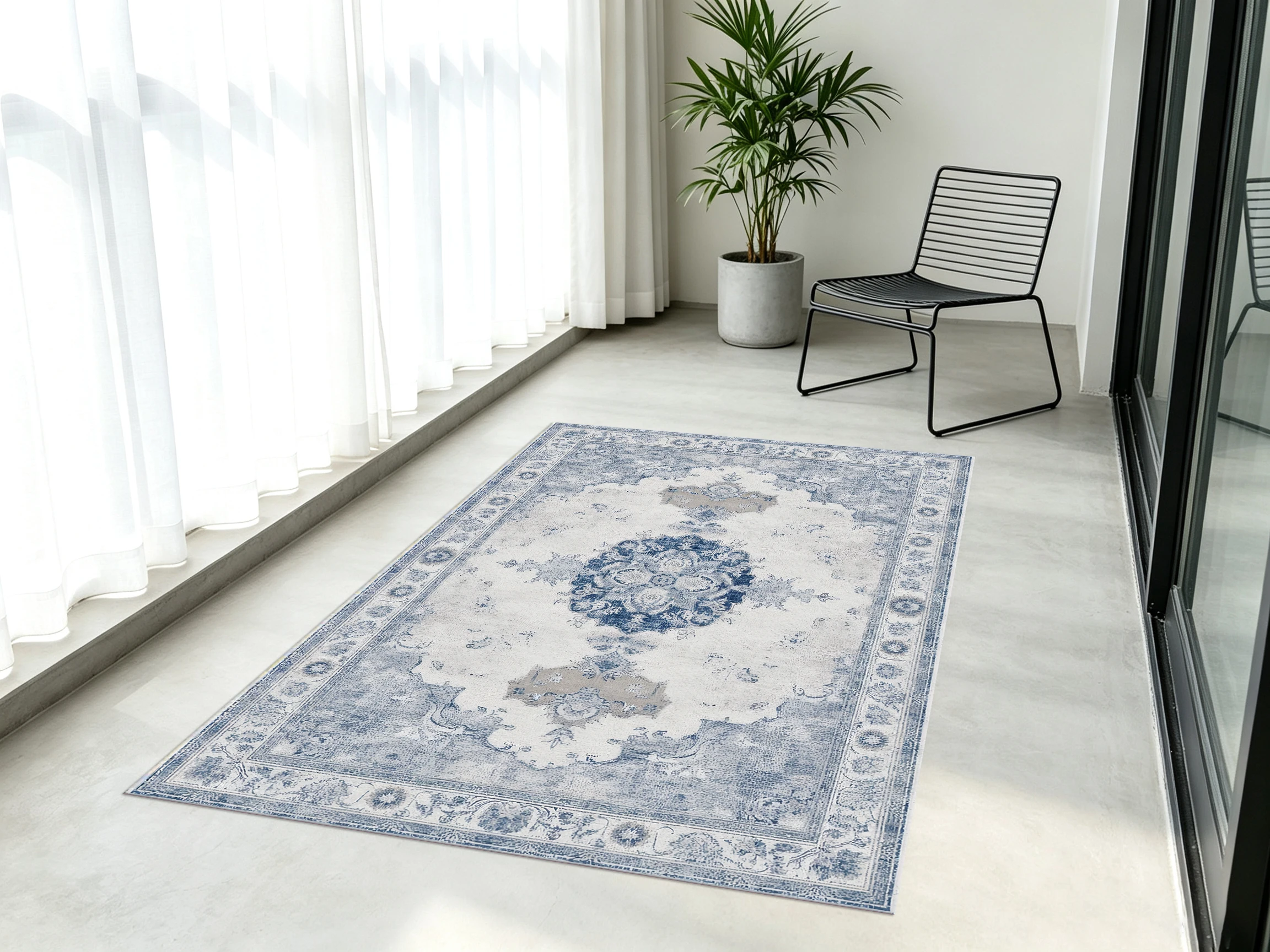 2D Large Rug in Gray-Blue & Beige, European Retro Style with Floral Pattern, Soft & Skin-Friendly, Suitable for Living Room