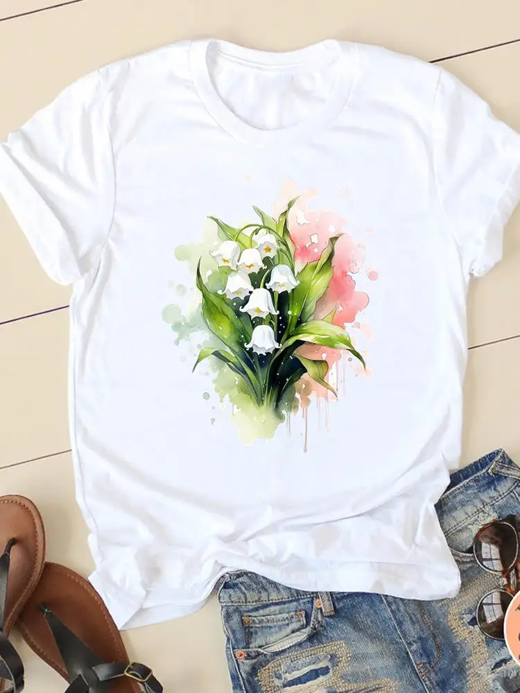 

Ladies T Clothing Tee Womens Print Casual White Short Sleeve T-shirts Trend Flower Style Women Graphic O-neck Fashion Clothes