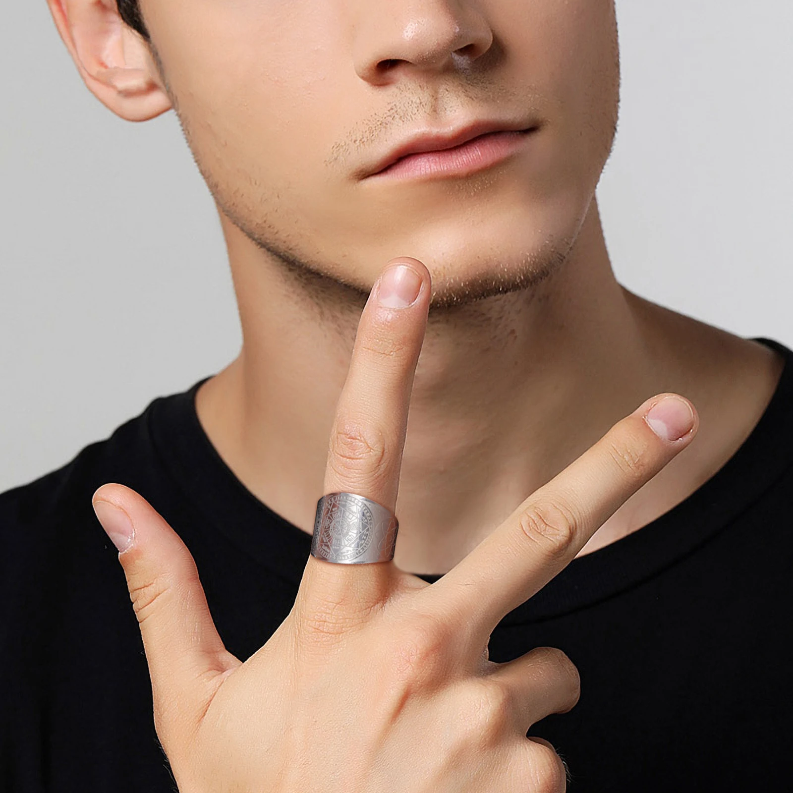 LIKGREAT Seven Archangels Men Ring Witchcra Pentagram Stainless Steel Adjustable Rings Solomon Kabbalah Amulet Talisman Jewelry view 3