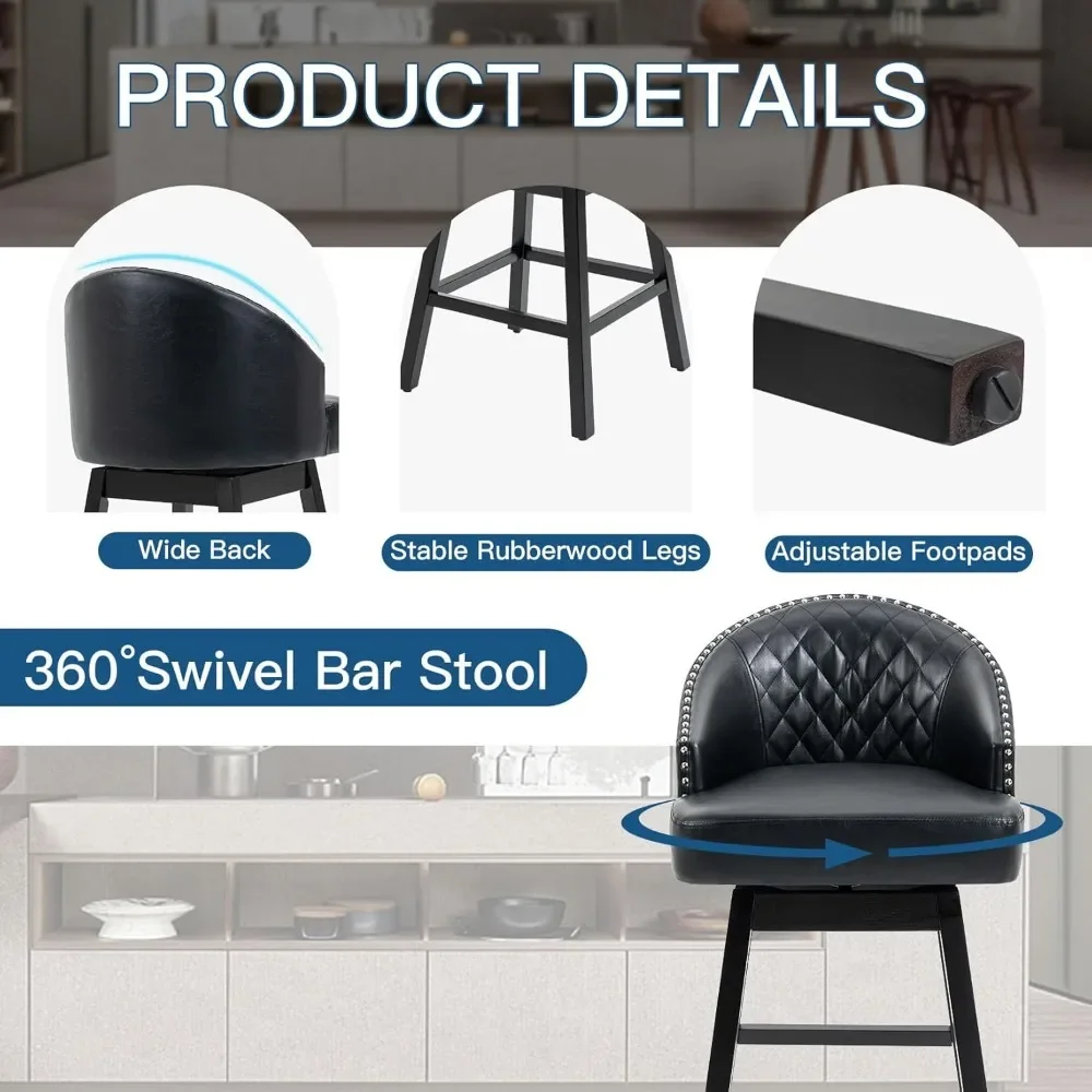 ラバーウッド脚付きハイバック回転バースツール29個セット、キッチンとダイニング用のPUレザーシート