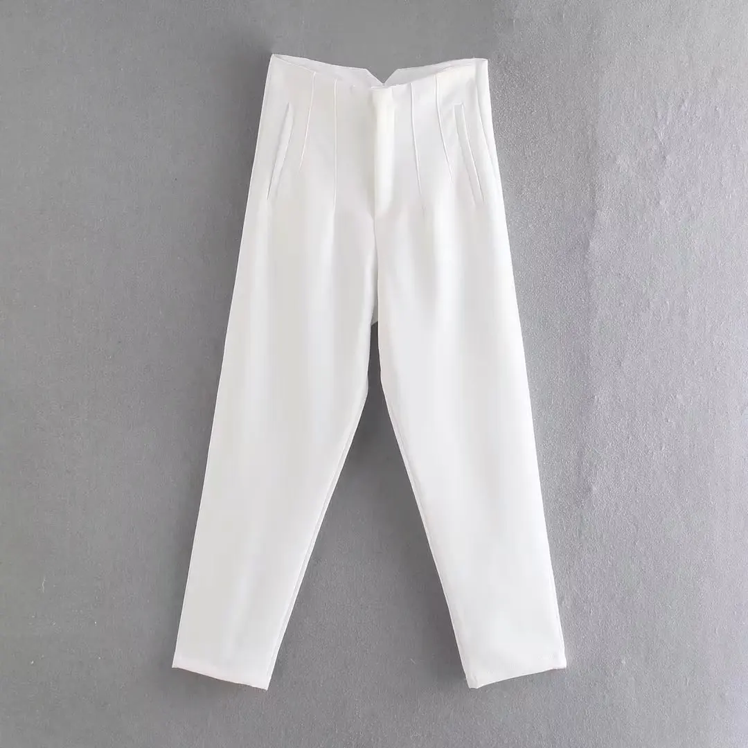 Straight Leg Pants High Waist Full Length Vintage Trousers for Women - White