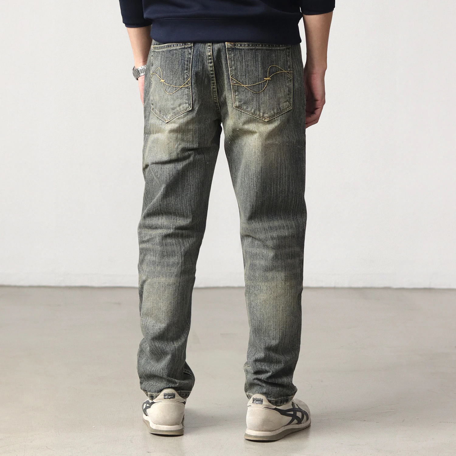 Jeans dritti piccoli con trama di bambù da uomo retrò americano lavato vecchia primavera e autunno nuovi pantaloni casual da uomo