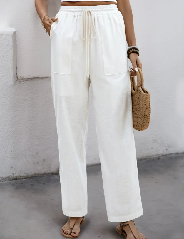

Pocket pants 2025 summer new elastic high waisted straight leg pants for women