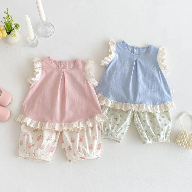 

Girls' Summer Clothing 2025 Baby Kids Lace Patchwork Sleeveless Blouses and Floral Calf-length Lantern Pants Children's Outfit