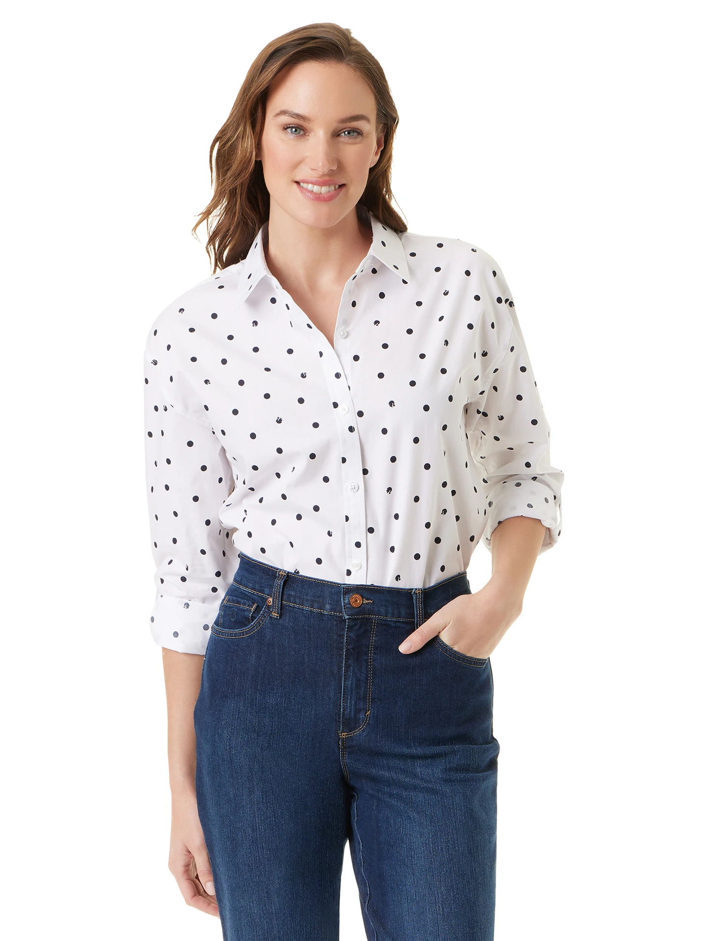 

Women's Loose Cotton Shirt Polka Dot Print Long Sleeve Shoulder Drop Style Comfortable Breathable Mid-Length Autumn Fashion