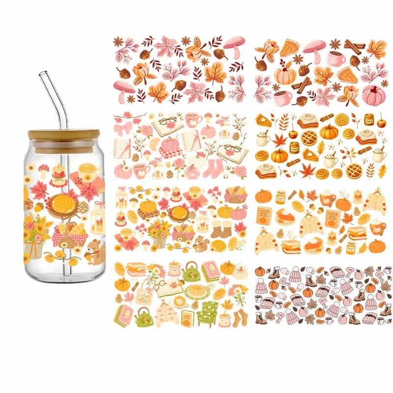 16OZ UV DTF Fall Design Cup Wrap Transfers Stickers Food Pumpkin Cartoon Series Designs For DIY Libby Glass Waterproof Custom