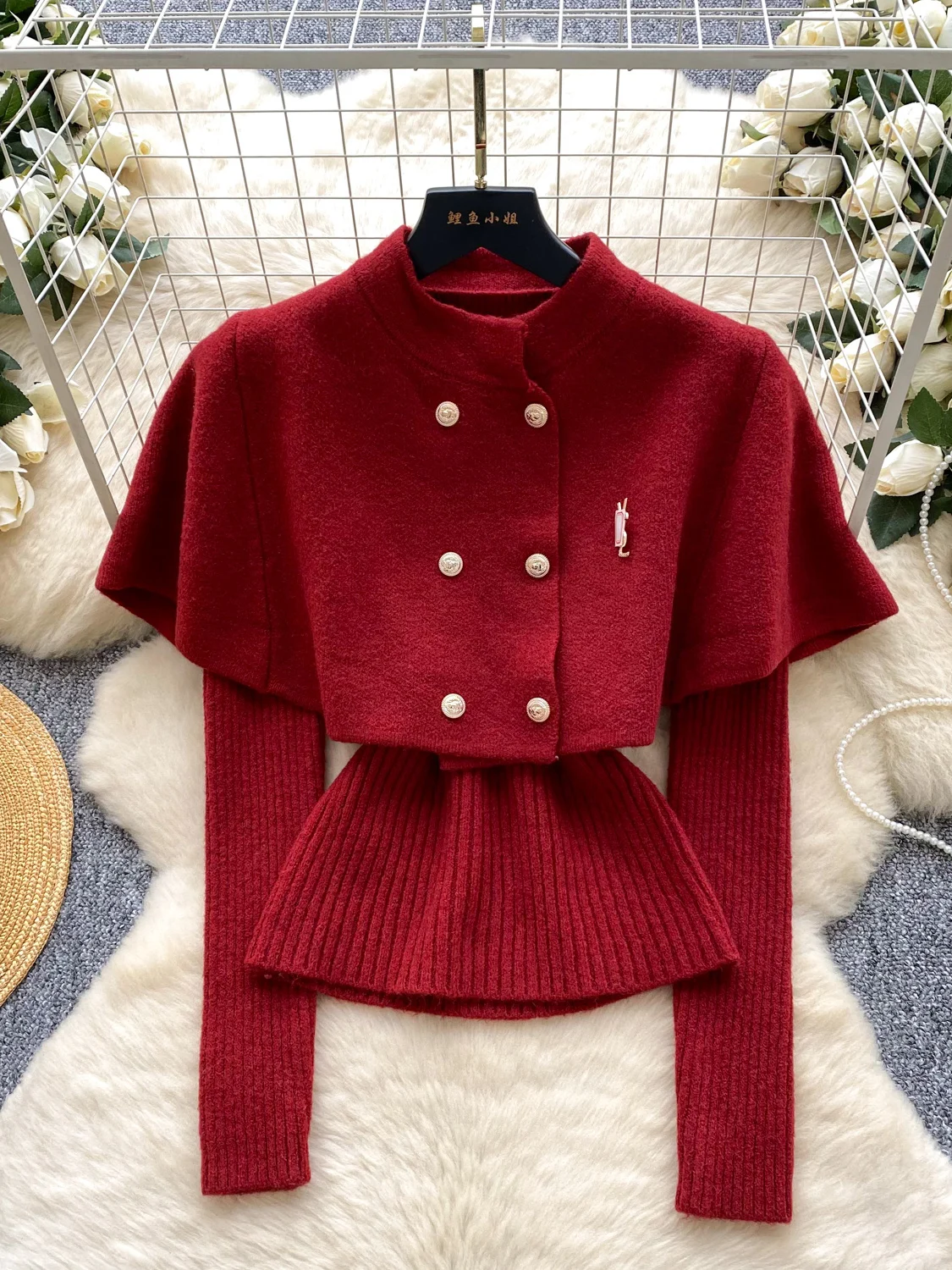Retro Double-Breasted Cowl Neck Sweater Coat Women's Autumn Winter Long Sleeve Knitted Top Fashionable Elegant Lady Style