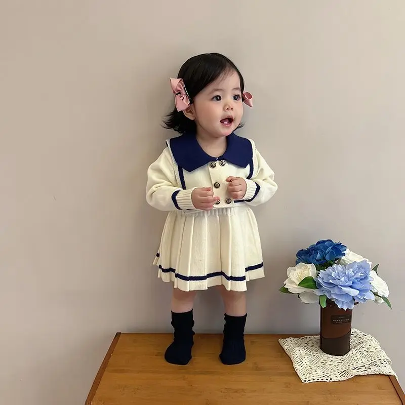 Girls\' Autumn Dress Navy Style Dress Spring and Autumn Baby Fashion Princess Pleated Dress Children\'s Knitted Dress