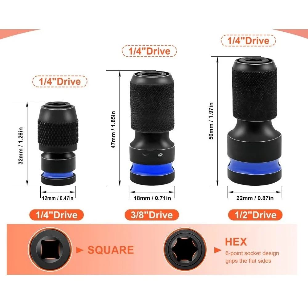 1/2-Inch Impact Hex Converter for Screwdriver Bit Square Drive to 1/4-Inch Quick Release Hex Socket Wrench Adapter