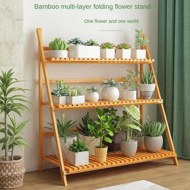 Nanzhu Folding Floor To Ceiling Flower Rack Solid Wood Balcony Living Room Succulent Flower Pot Rack Indoor Multi-layer Shelf