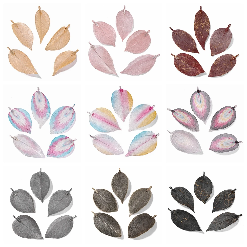 High Quality 5Pcs/Lot  Electroplated Alloy Leaf Pendants Colorful Real Leaves Charms Pendant for Handmade DIY Necklaces Earrings