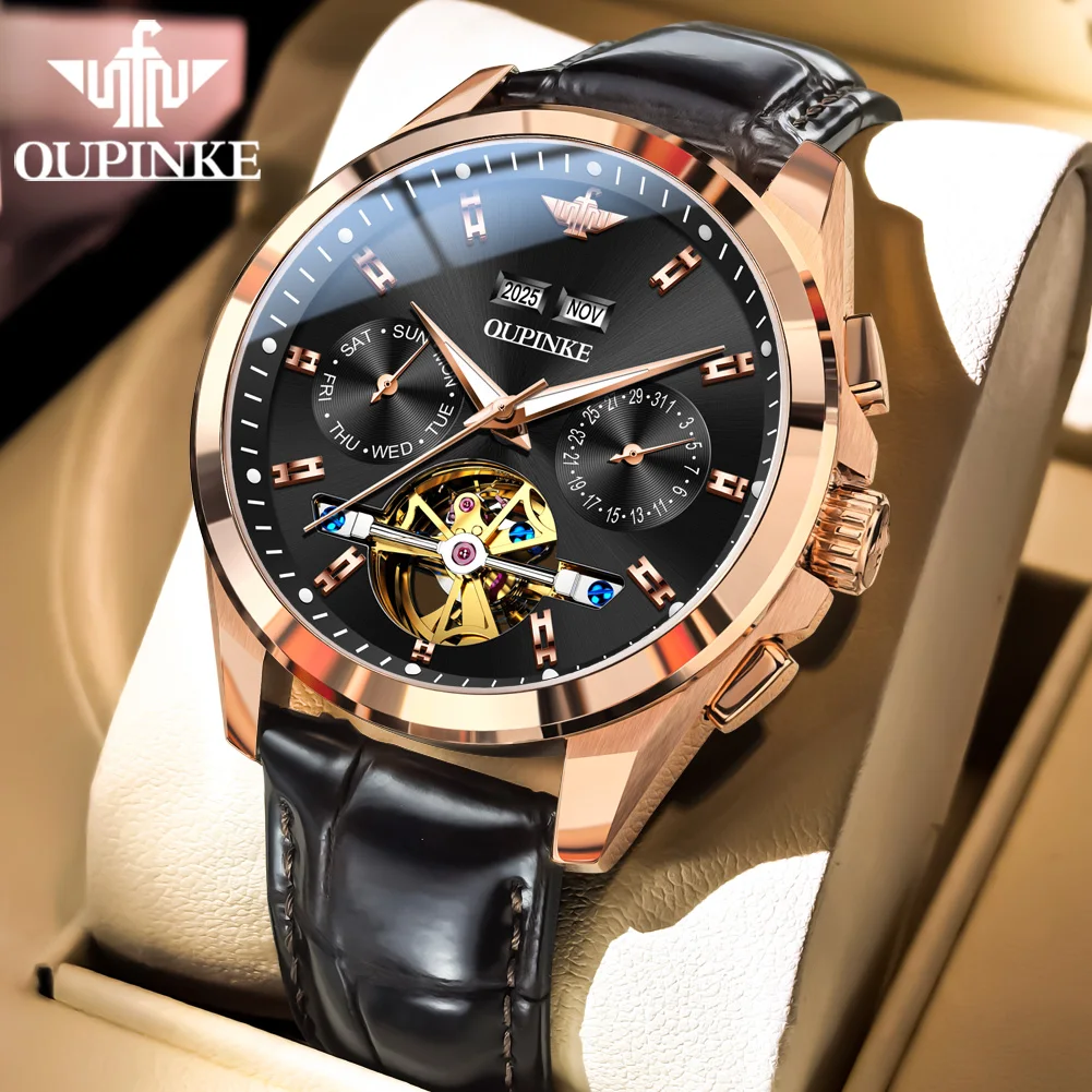 OUPINKE Official Watch Men Brown Leather Strap 50M Waterproof Tourbillon Design Multifunctional Dial Automatic Mechanical Watch