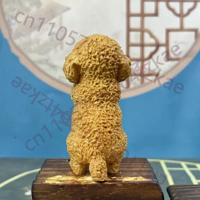 Wood Carving Teddy Dog Animal Model Figurine Hand Carved Solid Wood Cute Home Room Office Figurine Decoration Small Gift