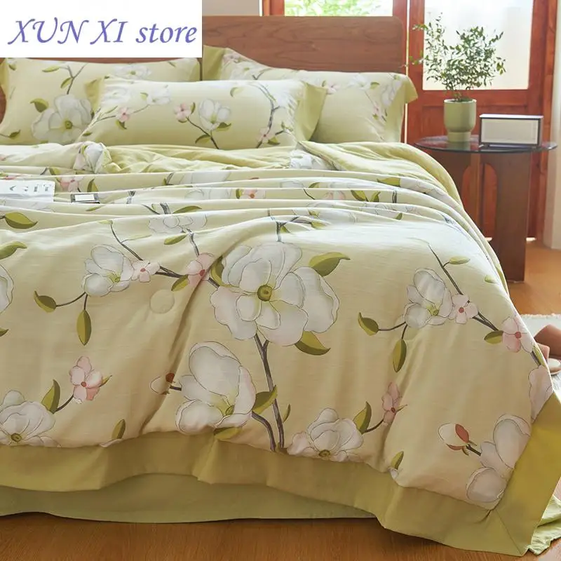 New 1pc Cotton Linen Summer Quilt Floral Printed Machine Washable Summer Blanket Single/Queen/King Coolling Summer Bedspreads