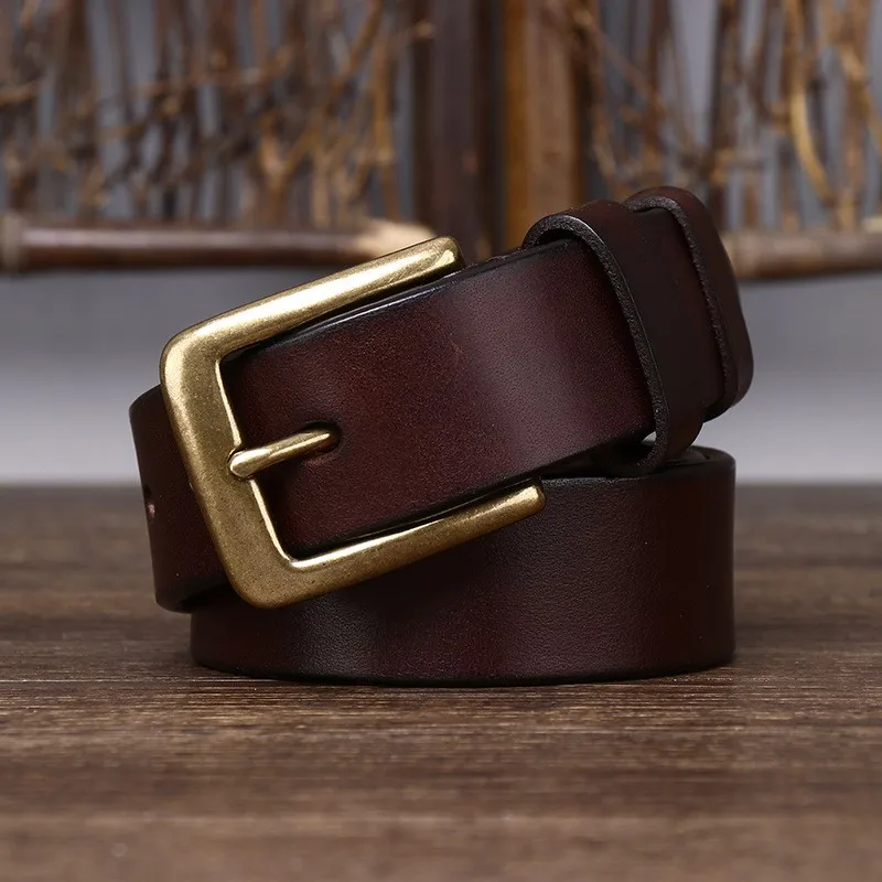33CM wide pure copper belt men's leather needle top layer fashionable simple and versatile casual