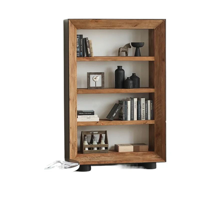 

Wabi-sabi color matching solid wood bookcase shelf, floor-to-ceiling black oak sticky wood retro old pine bookshelf