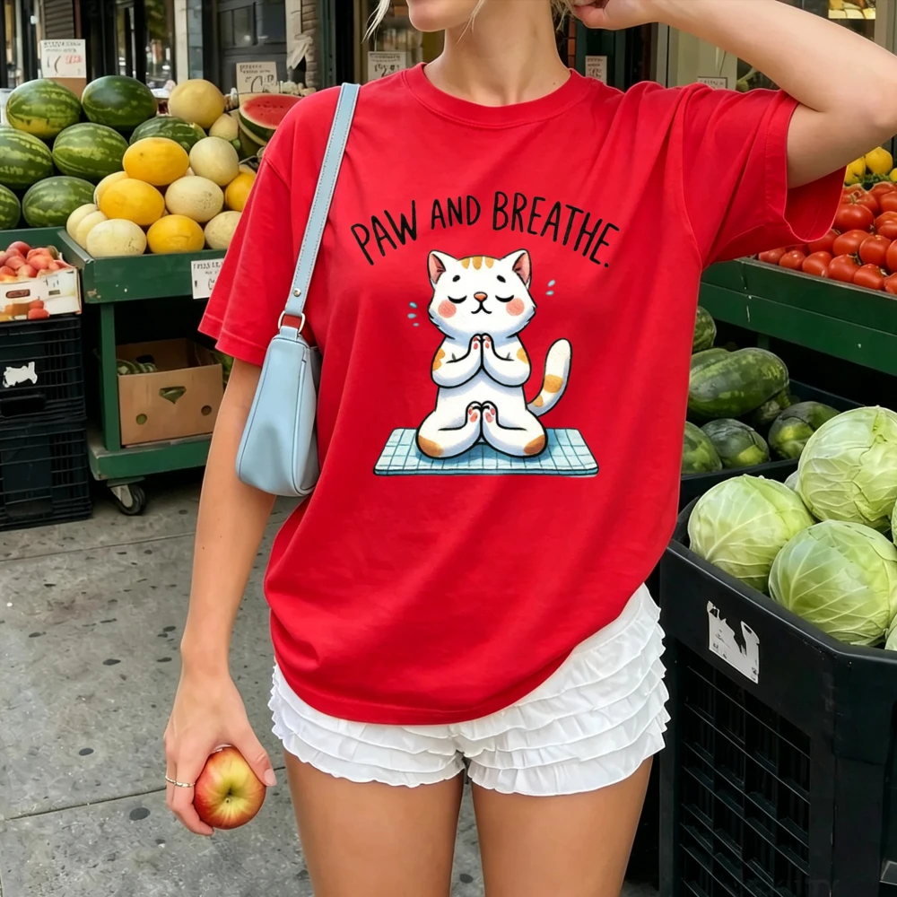 Paw and Breathe Yoga Meditation Cat T Shirt Women Cartoon Orange Tabby Kitten Print Casual Loose Cotton Relax Pet Lover Blouse