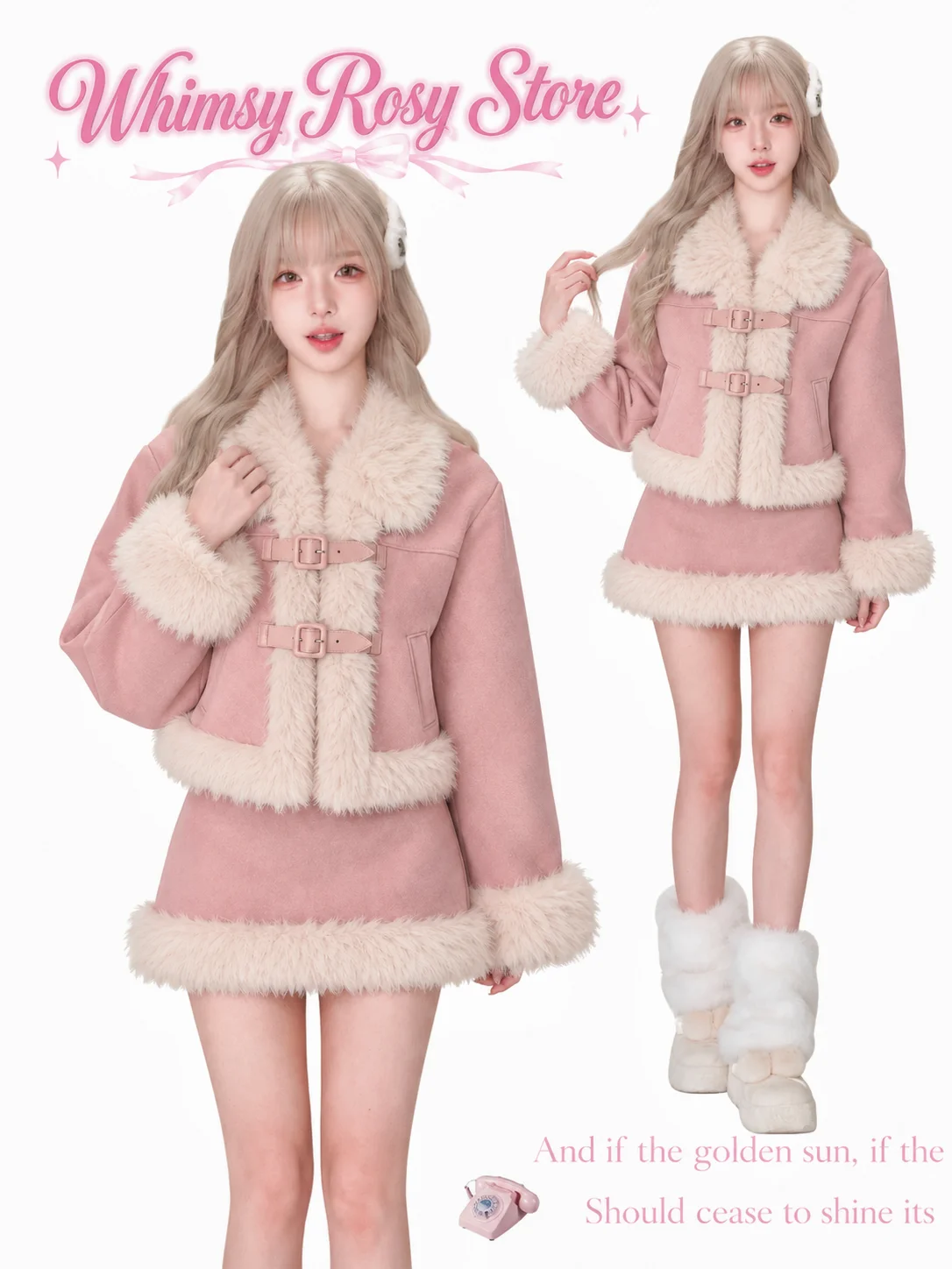 Women Autumn Retro Faux Fur Collar 2‑Piece Suit Y2k Vintage Blazer Jacket Coats Japanese Kawaii Casual Skirt Matching Outfits