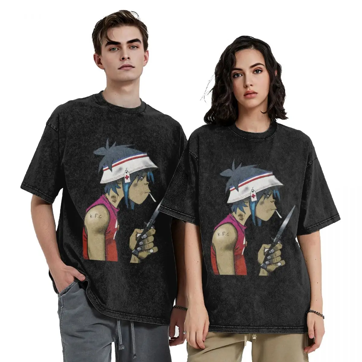 Music Band Gorillaz Smoking Washed T Shirts Streetwear Hip Hop Vintage T-Shirt Tees for Men Women Short Sleeve Harajuku Summer
