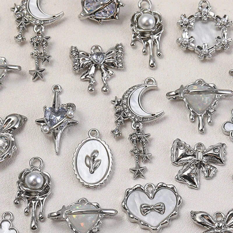 Kiss Jewelry Y2K Sweet Star Moon Bow Heart Silver Color Pendant Beads for Jewelry Making DIY Bransoletka Naszyjnik Koralik Akcesoria