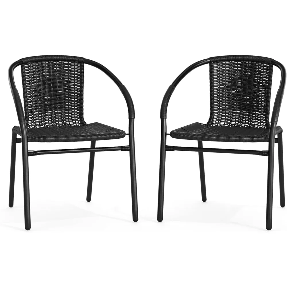 2 Pack Black Rattan Indoor-Outdoor Restaurant Stack Chair with Curved Back