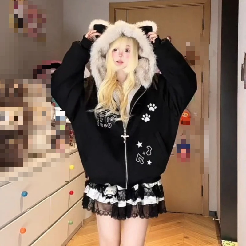 Y2K Harajuku Kawaii Zip Up Hoodie Women Furry Cat Ear Hood Paw Print Star Graphic Oversized Loose Fit Casual Streetwear Clothes