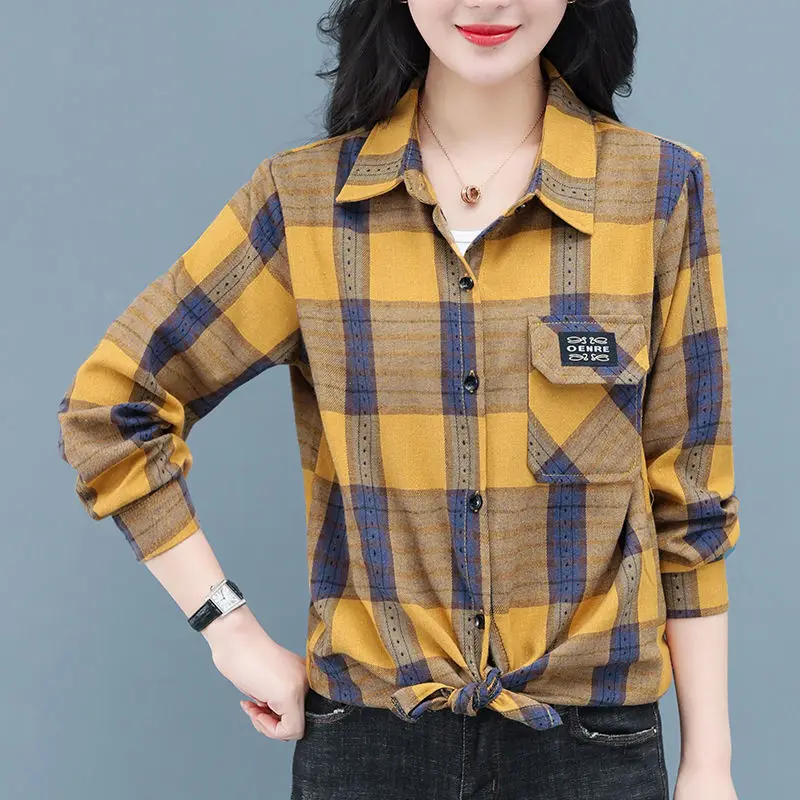 Vintage Classic Plaid Applique Button Up Shirt Fashion Casual Irregular Loose Long Sleeve Cotton Tops Blouses for Women Clothing