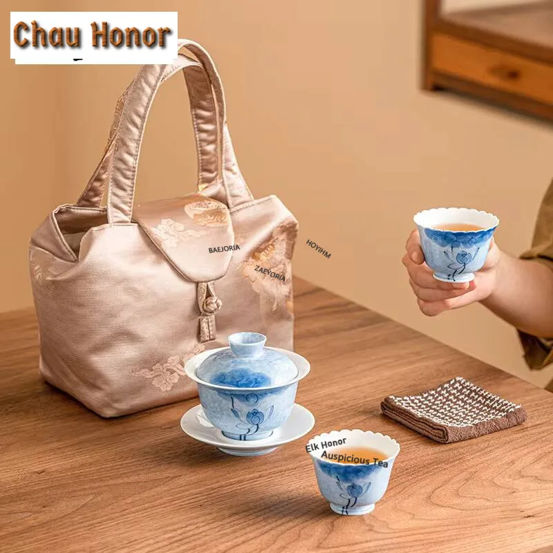 Hand-painted Lotus art Gaiwan Tea Set Kit Antique Teapot and Tea Cup Set 1 Pot 2 Cups Tea Maker Outdoor Portable Organizer Bag view 6