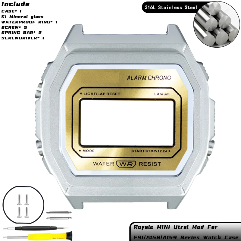 Royale Ultra Mod für CASIO F-91/A158/A159 Uhrengehäuse 316L Edelstahl K1 Mineral Poliert Gebürstetes Mattes Gehäuse Sunray Zifferblatt-Set – Detail 11
