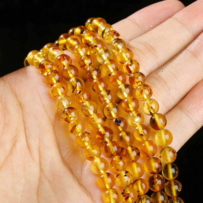 6mm 8mm Natural Floral Amber Loose Beads Round Genuine Fossil Stone 15