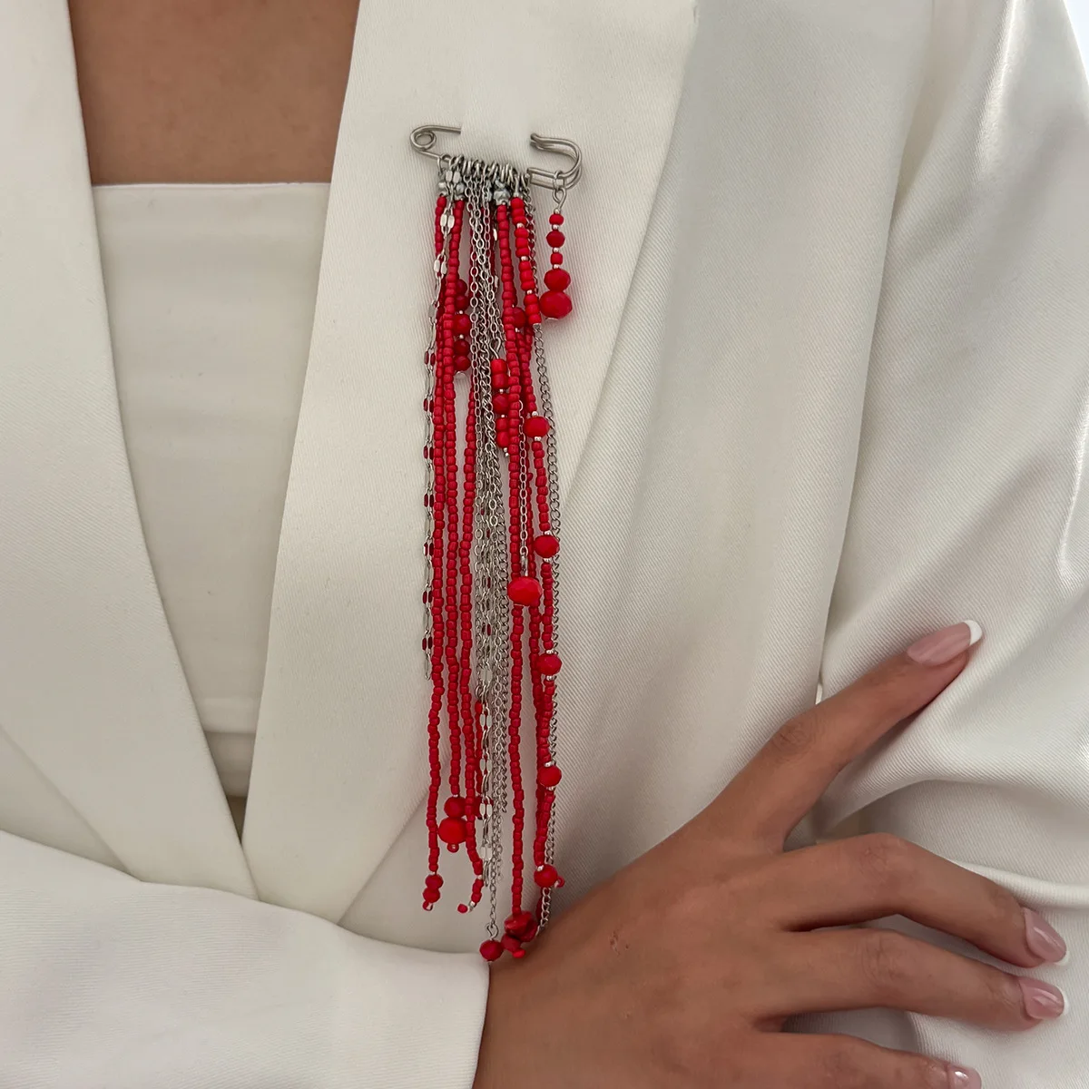 Exaggerated Long Tassel Chain Rice Bead Crystal Women's Brooch Handmade Bead Multi-layer Chain Fixed Needle Clothing Decoration