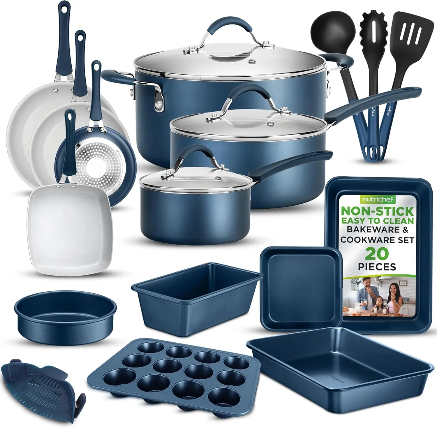

Professional 20 Pc Kitchen Set in Navy Blue - Durable Non-Stick Pots and Pans with Bakeware, Compatible with Any Cooktop, Easy C