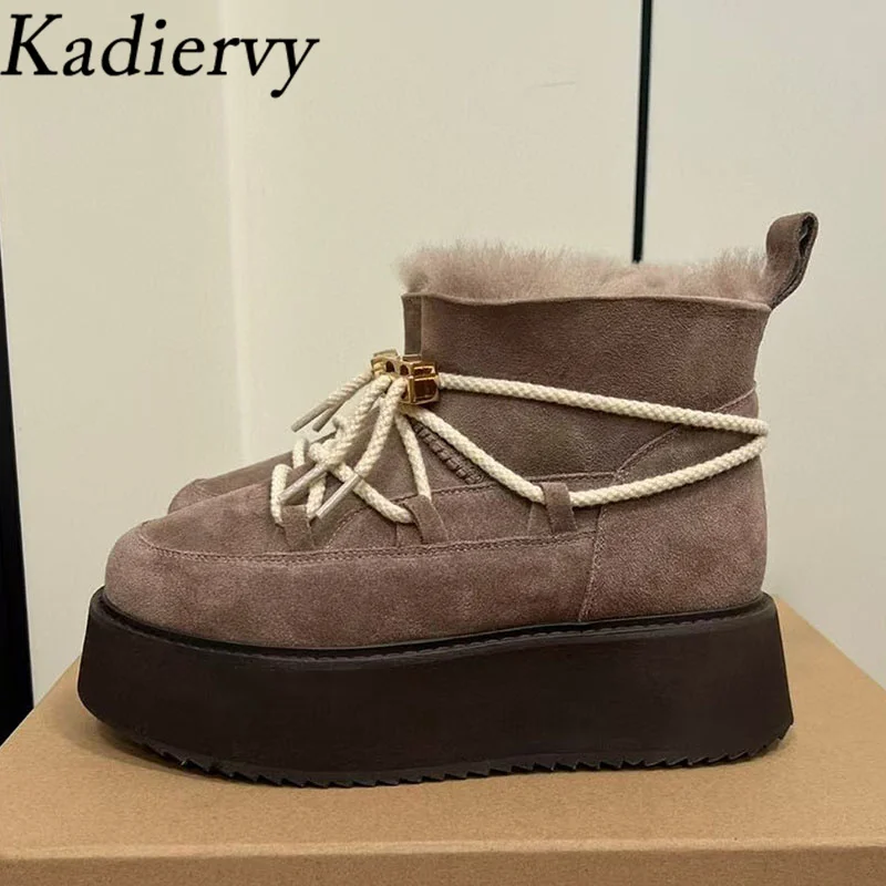 Winter Short Snow Boots Woman Cross Lace Up Round Toe Wool Warm Flat Platform Shoes Women Cow Suede Ankle Boots For Women