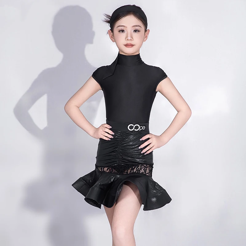 Schwarz Latin Dance Anzug Für Mädchen Latin Performance Kleid Sommer Kurzarm Tanz Kostüm Rumba Samba Bühne Tragen Röcke AMY1766