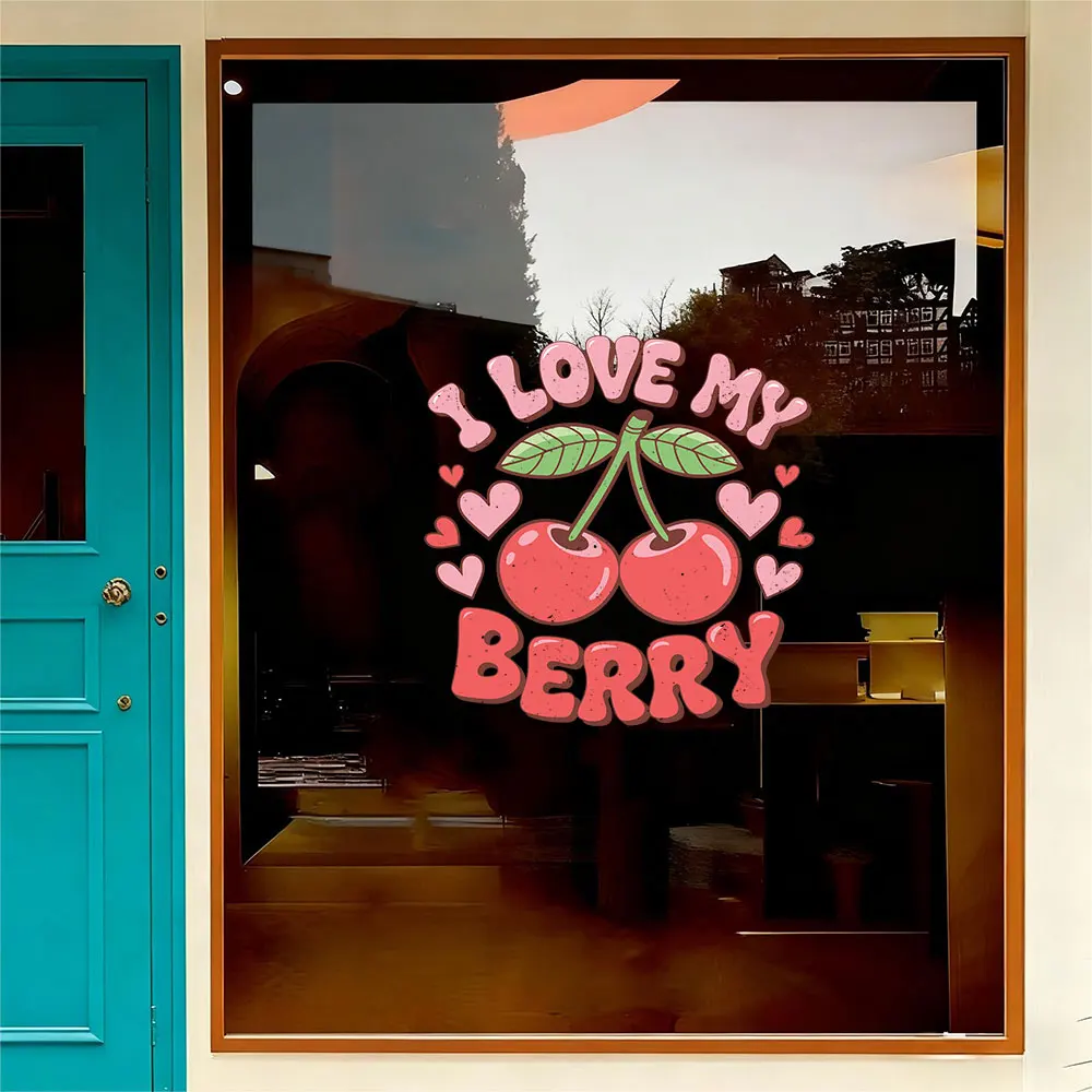 1 Valentine's Day Cherry Heart Sticker, Fun I Love My Berry Window and Door Sticker, Suitable for Bedroom and Living Room Decoration, Easily Create a Dreamy World
