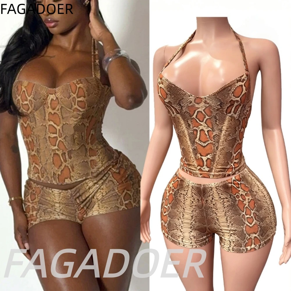

FAGADOER Sexy Leopard Printting Patchwork Two Piece Outfits Woman Spaghetti Strap Backless Crop Top and Shorts Female Streetwear