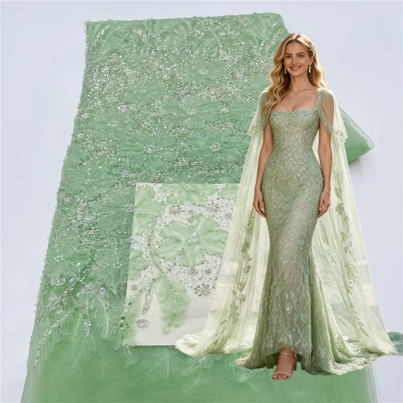Fashion African Sparkling Sequin Mesh Lace Fabric, Elegant Sheer Tulle Beaded Lace for Ladies Formal Evening Long Dress Making
