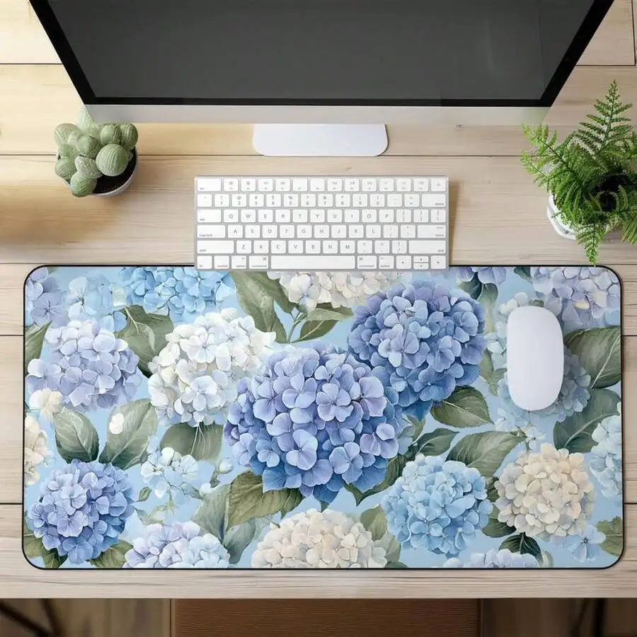 Blue Hydrangea Large Desk Mat Floral Mouse Pad Aesthetic Office Gaming Workspace Decor