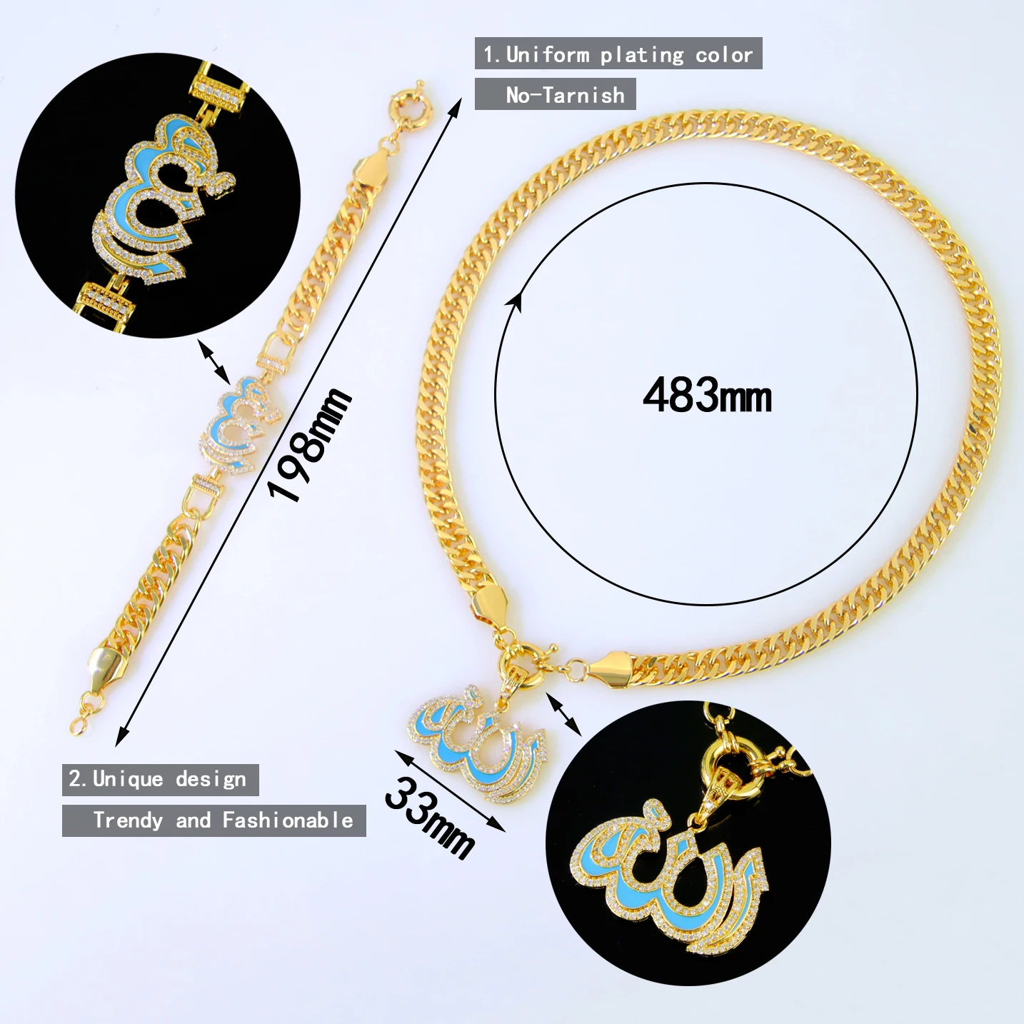 Saudi-Arabien Muslimisches Retro-Schmuckset 21 Karat vergoldet Dubai Hip Hop Zirkonia Kubanische Halskette Armband Marokkanische Hochzeitsschmuck – Detail 6