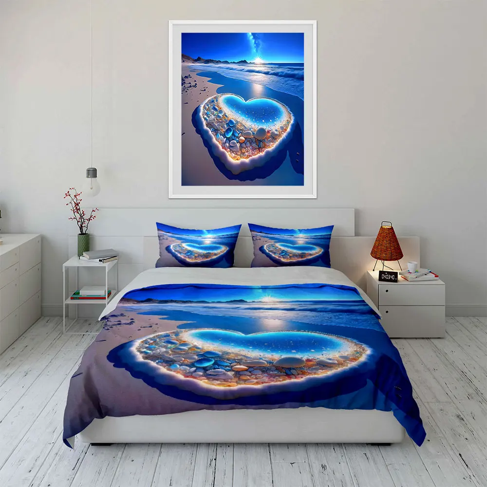 Dreamy Beach Heart-shaped Pool Pattern Duvet Cover Set Digital Print Colorful Polyester Bedding with Zipper Closur for kids gift