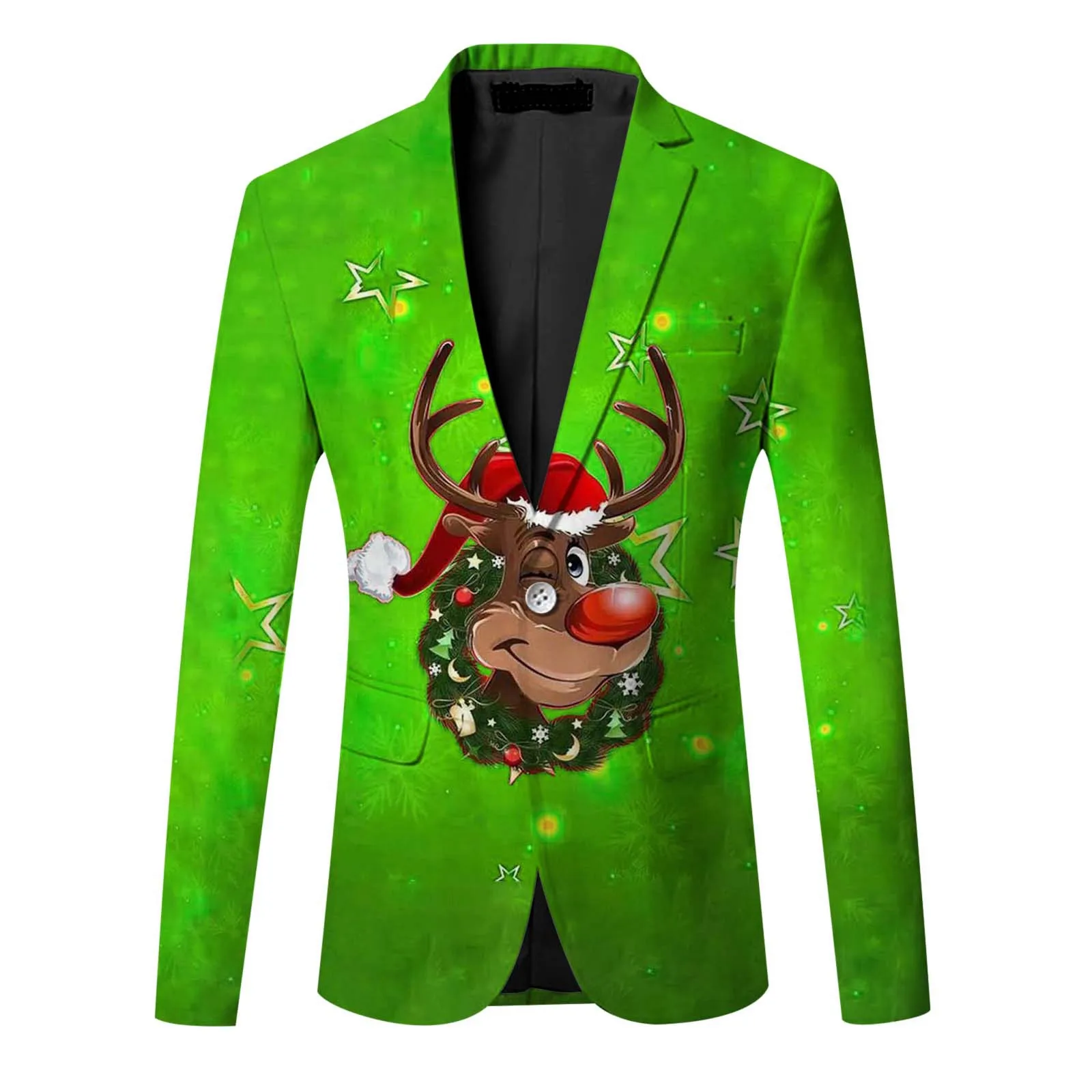 Christmas Deer Printed Fashion Slim Fit Blazer Coat Casual Single Button Lapel Suit Jacket Top Business Party Suits for Men