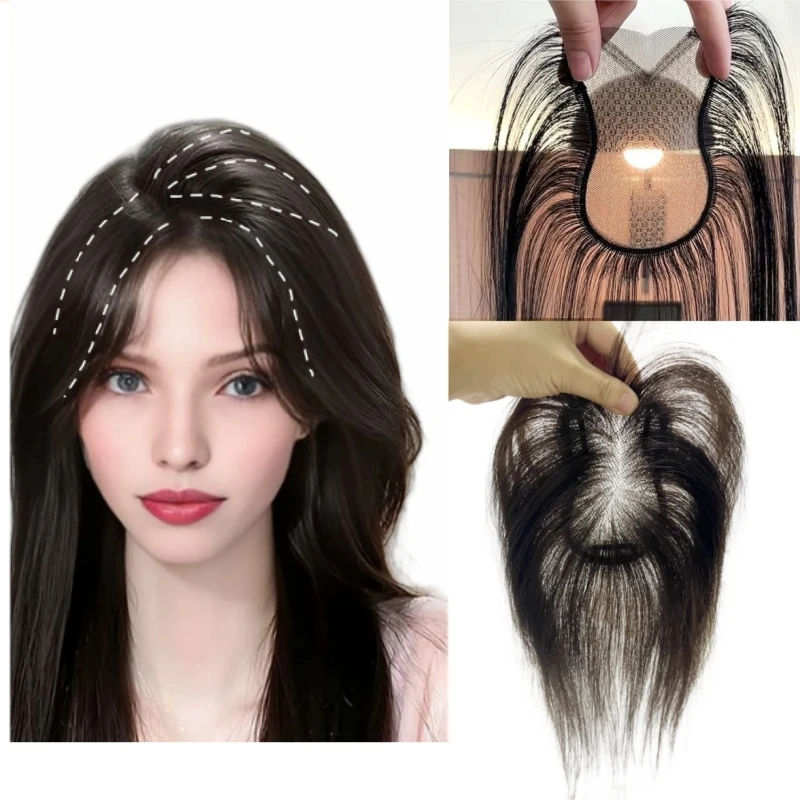 

8x11 см бесследные кружевные топперы из натуральных волос для женщин, пушистая бахрома с зажимами, свободный пробор, накладная челка для истонченных волос